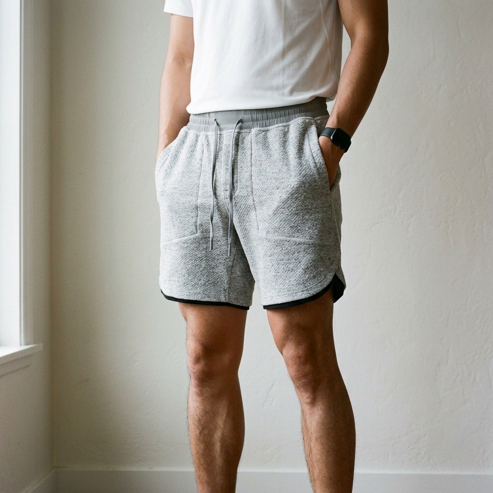 Lululemon Mens At Ease Short 7 Large Melody Light Grey Textured Knit Athleisure